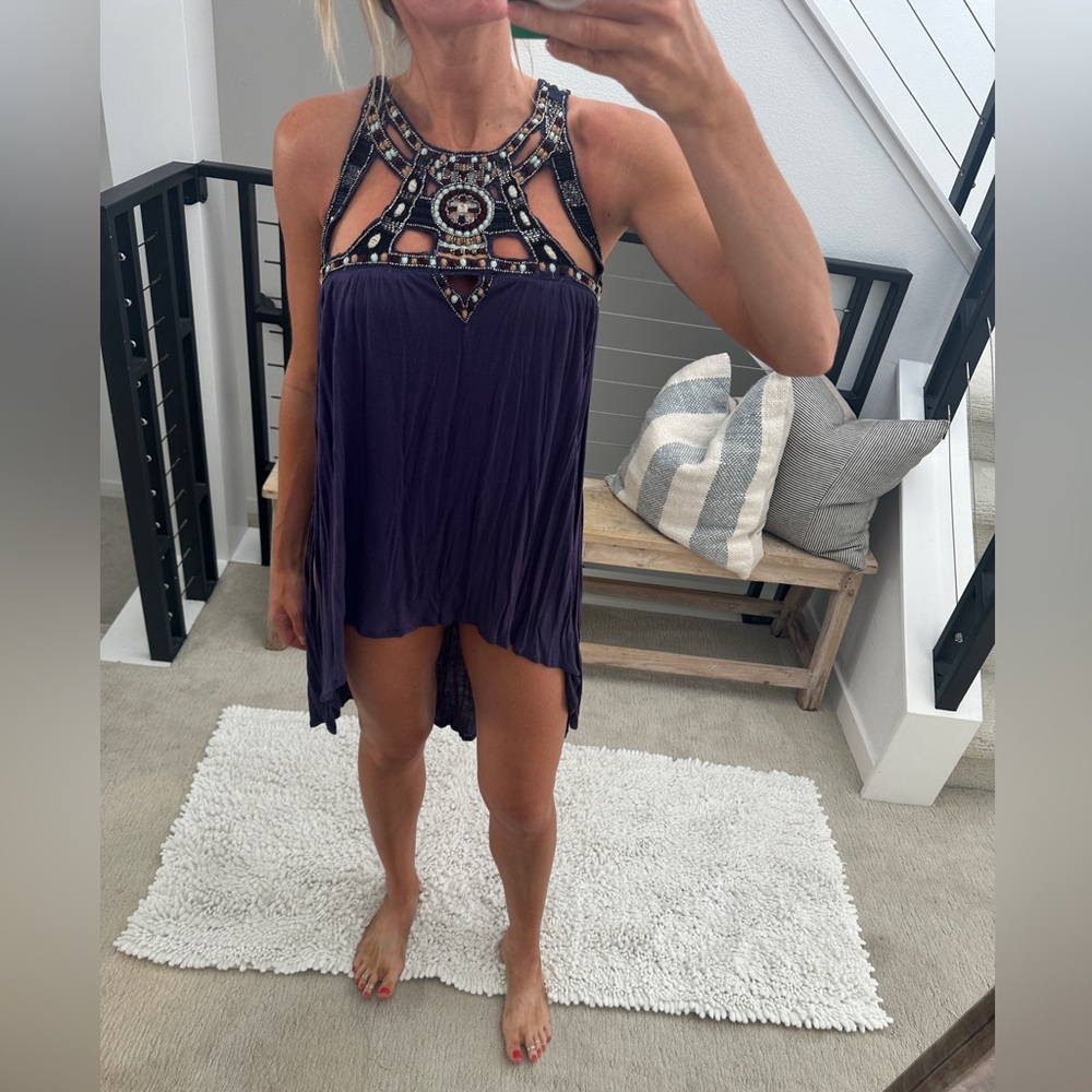 Free People Purple Beaded Boho Festival Tunic Bikini Cover-Up Top Size S - Picture 4 of 14